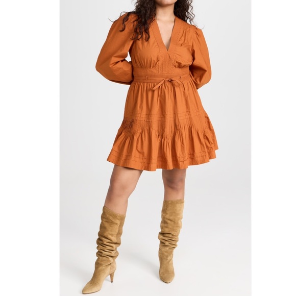 Ulla Johnson Rosalind Saffron Burnt Orange Long Puff Sleeves Mini Dress Size 10 - Picture 13 of 14